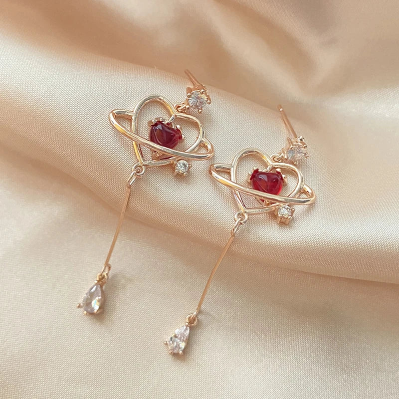 Heart Crystal Long Drop Earrings