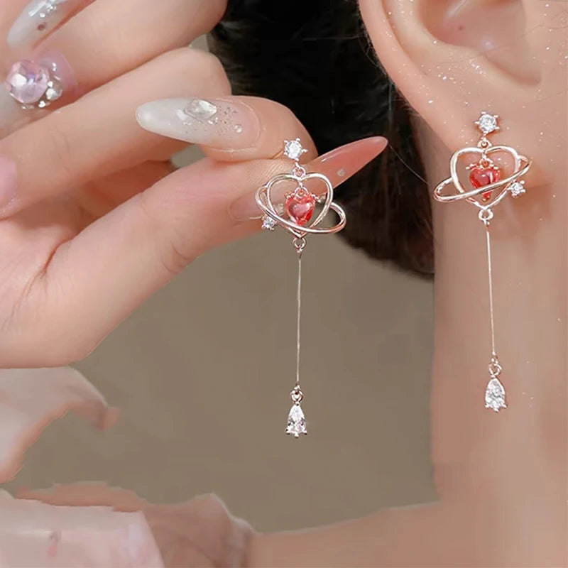 Heart Crystal Long Drop Earrings