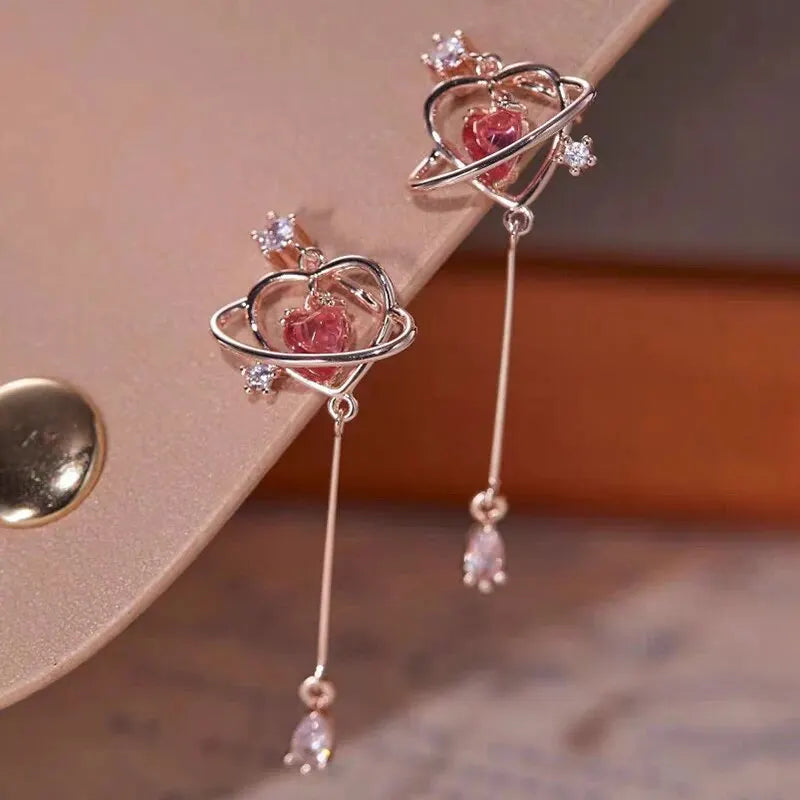 Heart Crystal Long Drop Earrings