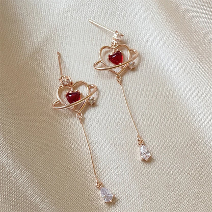 Heart Crystal Long Drop Earrings